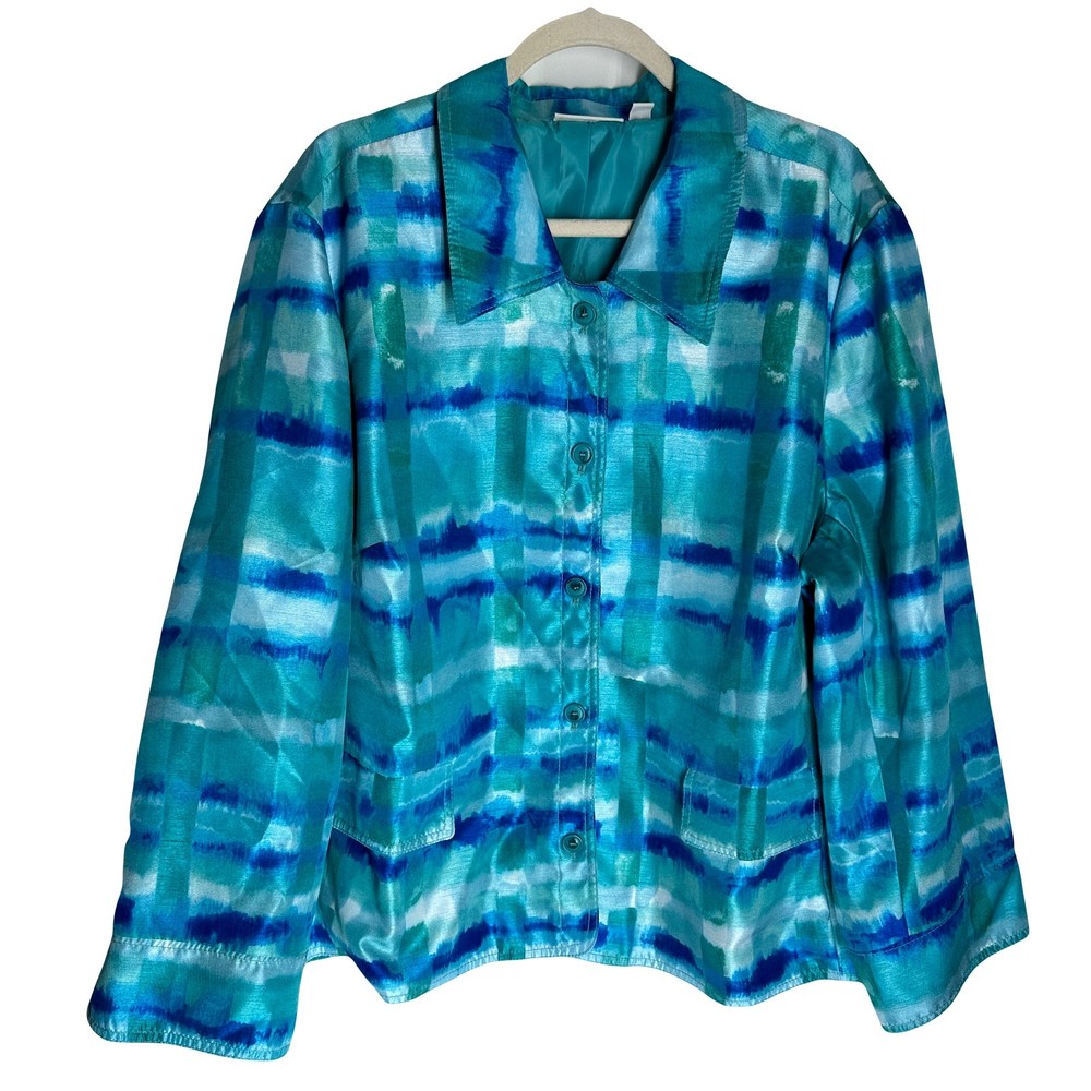 Susan Graver Button Down Blazer Jacket Size 3X Teal Blue Striped Long Sleeve